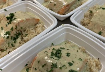 Creamy Pesto Salmon over Brown rice