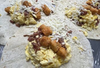 Bacon, Sweet Tots and Mozzarella Breakfast Burrito